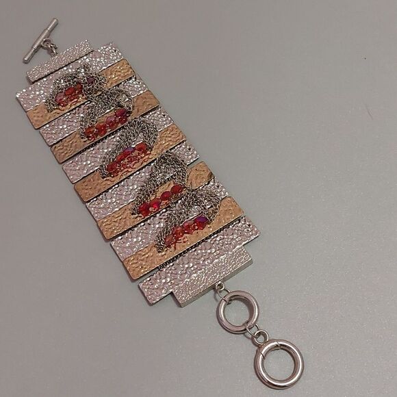 Jewelry - Artisan Mesh Bracelet Hammered Metal Inlay Dangling Chains Beads Toggle Clasp